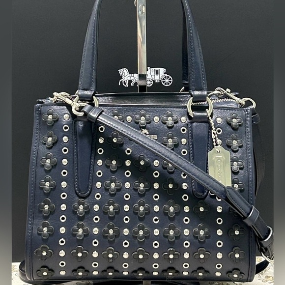 COACH Crosby Mini Flower Appliqués/Rivets/Grommets Calf Leather in Navy Blue - Picture 1 of 13